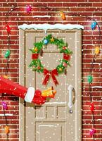 Christmas door decoration. Bell in hand of santa claus. Entrance to suburban house decorated with wreath, garland lights. Holiday greetings. New year and xmas celebration. Flat vector illustration