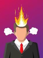 Stressed businessman with hair on fire. Overworked exhausted man with burning brain. Person burnt by work. Emotional stress. Man in suit with burning head. Vector illustration in flat style