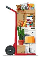 Hand truck and package for transportation. Moving to new house. Family relocated to new home. Paper cardboard boxes with various household thing. Vector illustration in flat style