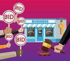 Hands holding auction paddle. Bid plate. Real estate, house building shop or commercial property. Auction competition. Selling or buying new business. Vector illustration in flat style