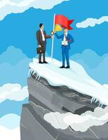 Two businessmans standing on top of mountain with flag and trophy. Symbol of victory, successful mission, goal and achievement. Trials and testing. Win, business success. Flat vector illustration