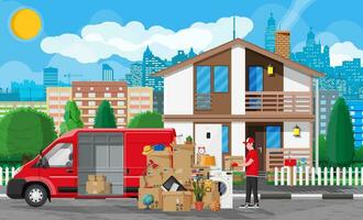 Moving to new house. Family relocated to new home. Male mover, paper cardboard boxes near house facade. Package for transportation. Delivery van full of goods. Vector illustration in flat style