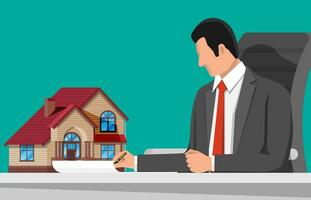 Businessman signing contract near building model. Real estate agent or realtor in suit. Countryside wooden house. Mortgage, property and investment. Buy sell or rent realty. Flat vector illustration