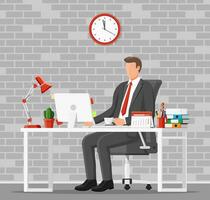 Businessman at work. Modern creative office workspace. Workplace with computer, lamp, clock, books, coffee, calendar, chair, desk and stationery. Desk with business elements. Flat vector illustration