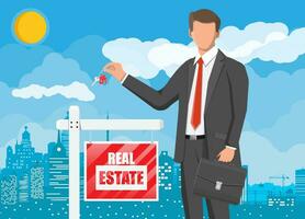 Businessman or realtor holding key. Wooden placard with real estate sign. Mortgage, property and investment. Urban landscape or cityscape. Buy sell or rent realty. Flat vector illustration