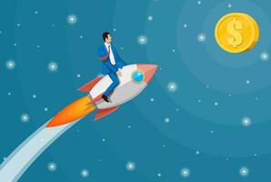 Successful business man flying on rocket on graph going up to target. Businessman on flying space ship. New business or startup. Idea, growing, success, start up strategy. Flat vector illustration