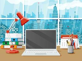 Office desk with laptop, lamp, document papers. Calendar, stationery, folders. Modern business workplace. Home workspace table, window with cityscape. Vector illustration flat style