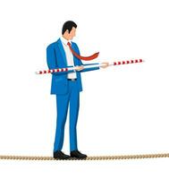 Businessman in suit walking on rope with suitcase and stick. Business man walking on tightrope gap. Obstacle on road, financial crisis. Risk management challenge. Vector illustration in flat style