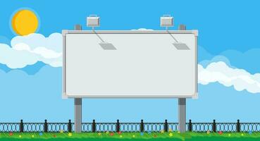 Empty urban big board or billboard with lamp. Blank mockup. Marketing and advertisement. Background with grass, sky and clouds. Vector illustration in flat style