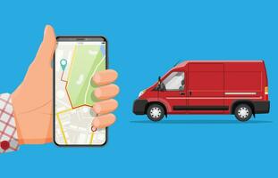 Red delivery van and smartphone with navigation app. Express delivering services commercial truck. Concept of fast and free delivery by car. Cargo and logistic. Cartoon flat vector illustration