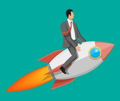 Successful businessman flying on rocket. Launch of space ship with business man. New idea or start up. Development of startup, career ladder. Vector illustration in flat style