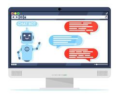 Computer with Chat Bot Speak in Bubble on Screen. Robot with Speech Window. Chatbot Greets. Online Support Bot. Artificial Intelligence, AI Helper Service, Support Assistant. Flat Vector Illustration