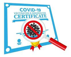 Covid-19 vaccination passport. Vaccinated health document as proof person is immune to disease. Coronavirus immune pass icon. Corona virus vaccine certification concept. Flat vector illustration