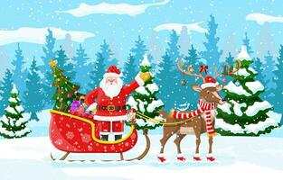 Christmas background. Santa claus rides reindeer sleigh. Winter landscape with fir trees forest and snowing. Happy new year celebration. New year xmas holiday. Vector illustration flat style