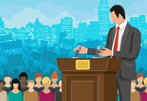 Orator speaking from tribune. Public speaker. Wooden rostrum with microphones for presentation. Stand, podium for conferences, lectures debates. Crowd, demonstrators, protest. Flat vector illustration