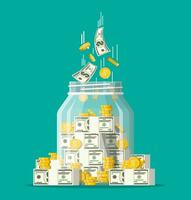 Glass money jar full of gold coins and banknotes. Saving dollar coin in moneybox. Growth, income, savings, investment. Symbol of wealth. Business success. Flat style vector illustration.