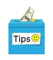 Blue tip box full of cash. Thanks for the service. Money for servicing. Good feedback or donation. Gratuity concept. Vector illustration in flat style