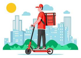 Delivery man riding kick scooter with the box. Concept of fast delivery in the city. Male courier with parcel box on his back with goods and products. Cityscape background. Flat vector illustration