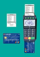 Modern POS terminal with card and receipt. Bank payment device. Payment nfc keypad machine. Credit debit card reader. Vector illustration in flat style