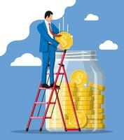 Businessman putting big dollar coin in moneybox. Glass money jar full of gold coins. Growth, income, savings, investment. Symbol of wealth. Business success. Flat style vector illustration.
