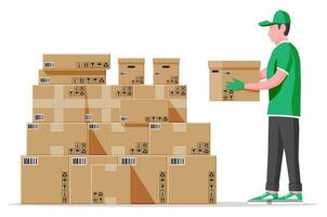 Cardboard boxes pile and mover isolated on white. Carton delivery packaging closed, sealed, cubic, big and small box with fragile signs. Vector illustration in flat style