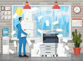 Stressed businessman under pile of office papers and documents. Office building interior. Office documents heap. Routine, bureaucracy, big data, paperwork, office. Vector illustration in flat style