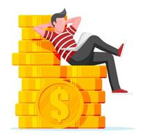 Man Sit and Chilling on Golden Coins Stack and Use Laptop. Man is Resting in Pile of Coins. Freelancer Relaxing After Work. Hipster Character in Jeans and T-shirt. Flat Vector Illustration