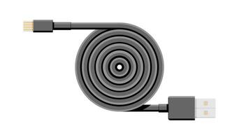 Black USB Cable Isolated on White. Data Transfer Wire. Connector or Plug for Gadgets. Device for Charging, Electronic Equipment. Vector Illustration in Flat Style