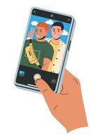 Pareja de elegante hombre tomando selfie juntos. amigos o gay Pareja en de moda casual ropa. chicos utilizando teléfono inteligente a tomar autofoto elegante masculino caracteres. plano vector ilustración