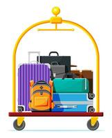 Hotel Luggage Cart with Briefcase, Backpack and Suitcase. Hotel Baggage Trolley Full of Bags Isolated. Handtruck for Transportation in Hotel or Airport. Vacation and Travel. Flat Vector Illustration