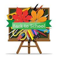 Green chalkboard. Ruler pen pencil scissors books sharpener eraser marker divider ruler autumn leaf. Lesson in school classroom. College or university education. Vector illustration flat style