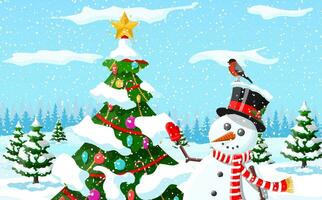 Christmas background. Snowman with fir tree. Winter landscape with fir trees forest and snowing. Happy new year celebration. New year xmas holiday. Vector illustration flat style