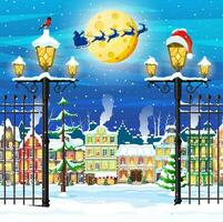 Christmas Card with Urban Landscape and Snowfall. Cityscape with Colorful Houses with Snow in Night. Winter Village, Cozy Town City Panorama. New Year Christmas Xmas Banner. Flat Vector Illustration