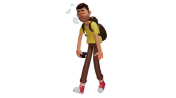 3D Illustration. Tired Student 3D cartoon character. Student carry backpack on his back. Student who walked bowing while carrying a camera. Men show his sleepy expression. 3D cartoon character png