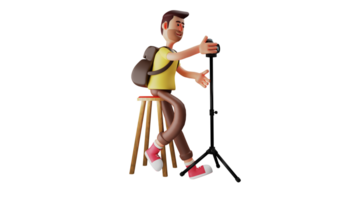 3D illustration. Handsome Cameraman 3D Cartoon Character. Photographer is arranging his camera to face the object to be photographed. Handsome man working in the shooting room. 3D cartoon character png