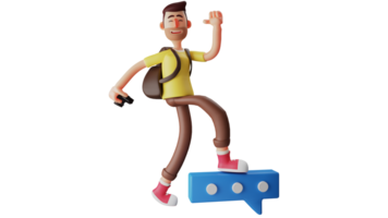 3D Illustration. Tourist 3D cartoon character. Tourist stepped up and there were blue beams underneath. Cheerful tourist who show his happy smiles. Tourist hold the camera. 3D cartoon character png