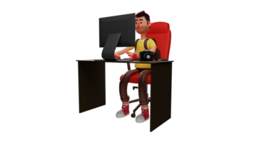 3D illustration. Cameraman 3D cartoon character. The cameraman is working on something at his office desk and facing the computer. The cameraman smiled at the results of his work. 3D cartoon character png