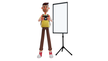 3D illustration. Sweet Boy 3D Cartoon Character. Photographer smiled sweetly while holding his camera. Photographer is standing next to the white screen. 3D cartoon character png