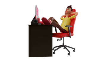 3D Illustration. Office Worker 3D Cartoon Character. Man who is relaxing at his desk. Man who works as a photographer is resting in front of the computer while closing his eyes. 3D cartoon character png