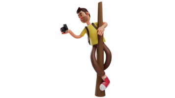 3D illustration. Great photographer 3D cartoon character. Photographer climb trees to get good photo spots. A clever man who holds a camera and will capture the view. 3D cartoon character png