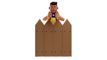 3D illustration. Beard Man 3D cartoon character. Man holding a camera while smiling. Photographer is standing behind a wooden fence while looking at the photos on the camera. 3D cartoon character png