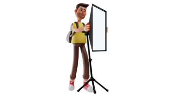 3D illustration. Bearded Man 3D Cartoon Character. Bearded man arranging the white screen to be used. The Cameraman Crew prepares the equipment that will be used immediately. 3D cartoon character png