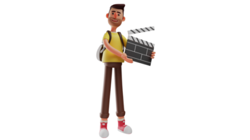 3d ilustração. ótimo cameraman 3d desenho animado personagem. homem detém a badalo borda e é pronto para começar tiroteio. bonito homem vestido casualmente e carregando uma saco em dele voltar. 3d desenho animado personagem png