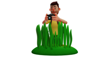 3D illustration. Excited Adventurer 3D cartoon character. Adventurer is photographing something behind the thick green grass. Tourist bring camera and do his hobby. 3D cartoon character png