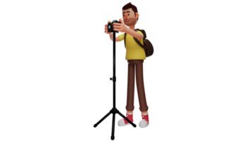 3d ilustração. câmera 3d desenho animado personagem. a câmera é configuração a Câmera. homens consertar a localização do a Câmera para Combine o que ele quer para levar uma foto. 3d desenho animado personagem png