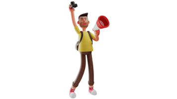 3D illustration. Documentation Staff 3D Cartoon Character. A student becomes documentation staff at a demo. Students gave speeches and held megaphones and cameras. 3D cartoon character png