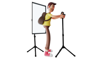 3D illustration. Diligent Photographer 3D Cartoon Character. Young man works as a cameraman in an office. The photographer directs the camera using both hands. 3D cartoon character png