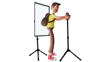 3d illustration. diligent photographe 3d dessin animé personnage. Jeune homme travaux comme une cameraman dans un bureau. le photographe dirige le caméra en utilisant tous les deux mains. 3d dessin animé personnage png