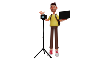 3D Illustration. Diligent Student 3D cartoon character. Student is working on a project. Student with camera that is established and hold laptop. 3D cartoon character png