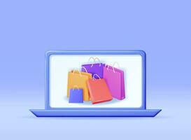 3D Laptop with Shopping Bag Isolated. Render Realistic Gift Bag and Computer. Sale, Discount or Clearance Concept. Online or Retail Shopping Symbol. Fashion Handbag. Vector Illustration